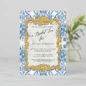  Rococo Floral Blue White Gold Bridal Tea Folie Uitnodiging (Staand Voorkant)