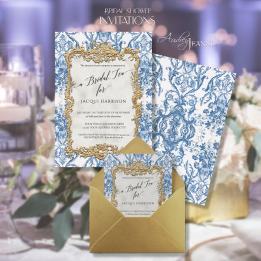  Rococo Floral Blue White Gold Bridal Tea Folie Uitnodiging