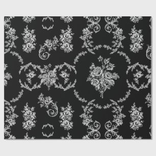 Rococo Floral Botanisch antiek  Zwart Toile Cadeaupapier