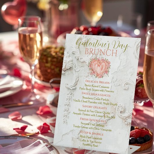 Rococo Floral Heart Galentine Brunch Tea Menu Reclamebord Met Voetstuk
