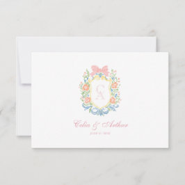 Rococo Floral Monogram Crest Wedding Bedankkaart