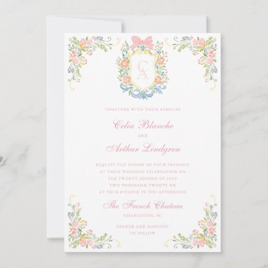 Rococo Floral Monogram Crest Wedding Kaart (Voorkant)