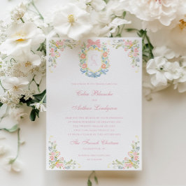 Rococo Floral Monogram Crest Wedding Kaart
