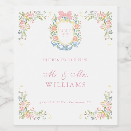 Rococo Floral Monogram Crest Wedding Welcome Wijn Etiket (Enkel label)
