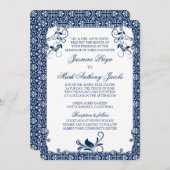 Rococo Floral Navy Blue White Wedding Invitation Kaart (Voorkant / Achterkant)
