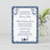 Rococo Floral Navy Blue White Wedding Invitation Kaart (Staand voorkant)