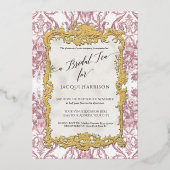 Rococo Floral Pink n White Gold bruidsthee Folie Uitnodiging (Voorkant)