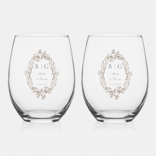 Rococo florentine monogram wijnglas zonder voet (Voorkant)