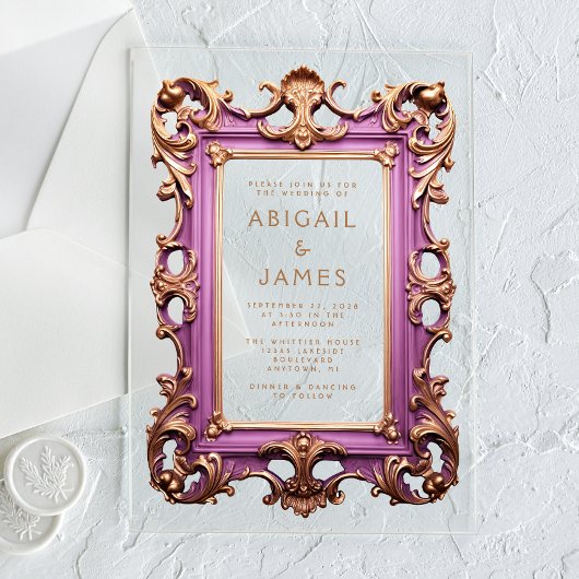  Rococo Lijst Mauve Gold Wedding Acryl Uitnodigingen