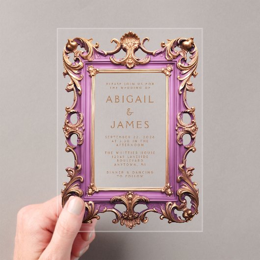 Rococo Lijst Mauve Gold Wedding Acryl Uitnodigingen (Insitu (Draagbaar))