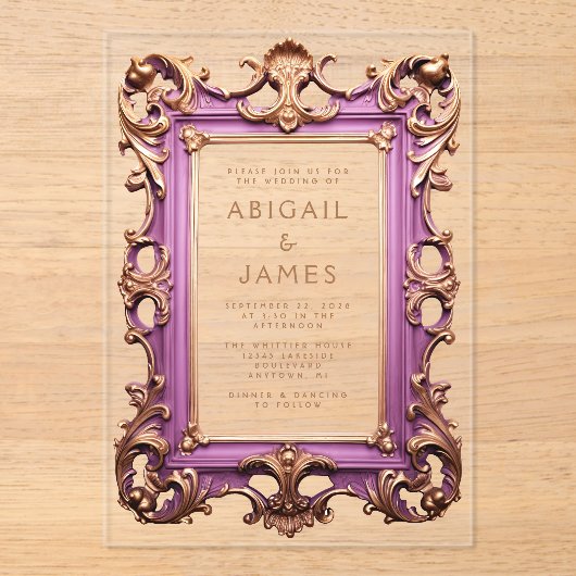  Rococo Lijst Mauve Gold Wedding Acryl Uitnodigingen (Voorkant)