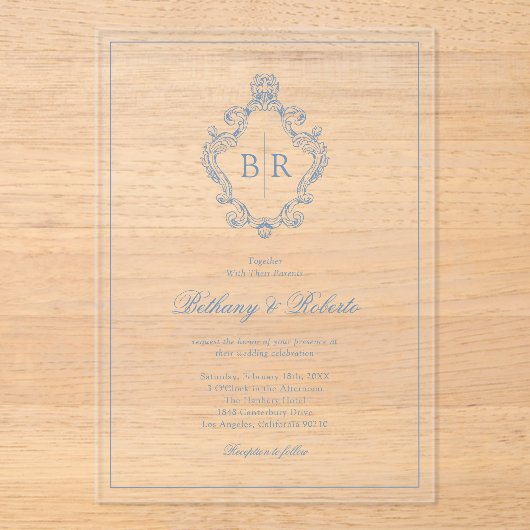 Rococo  Monogram Blauw Huwelijk Acryl Uitnodigingen (Voorkant)