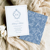 Rococo Monogram Blauw Huwelijk Kaart