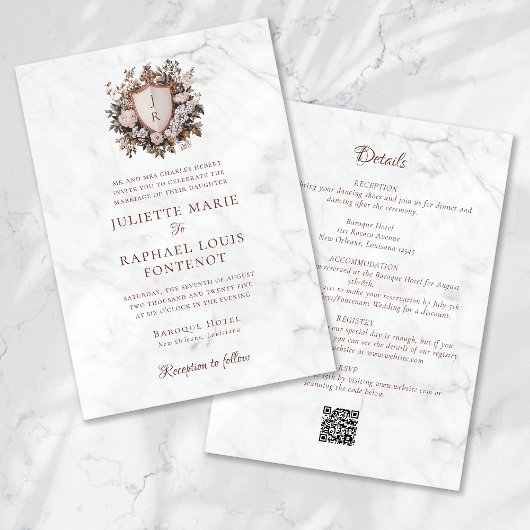 Rococo Monogram Crest All in One Wedding Kaart
