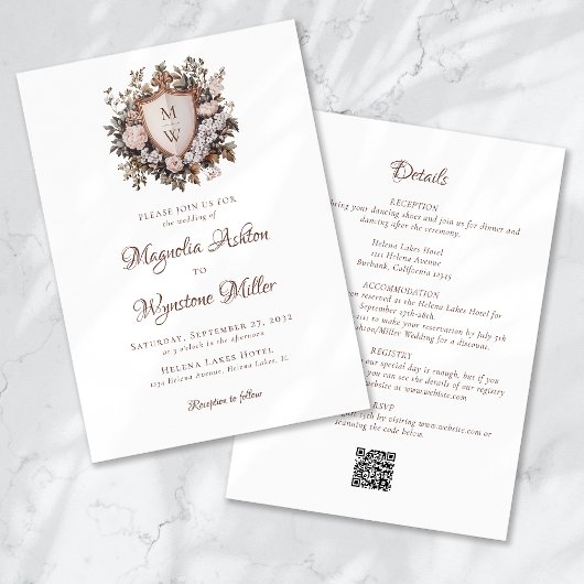 Rococo Monogram Crest All in One Wedding Kaart
