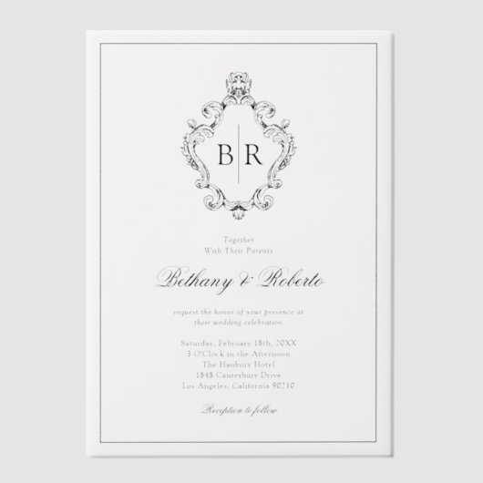 Rococo  Monogram Huwelijk Vellum Uitnodigingen (Voorkant)