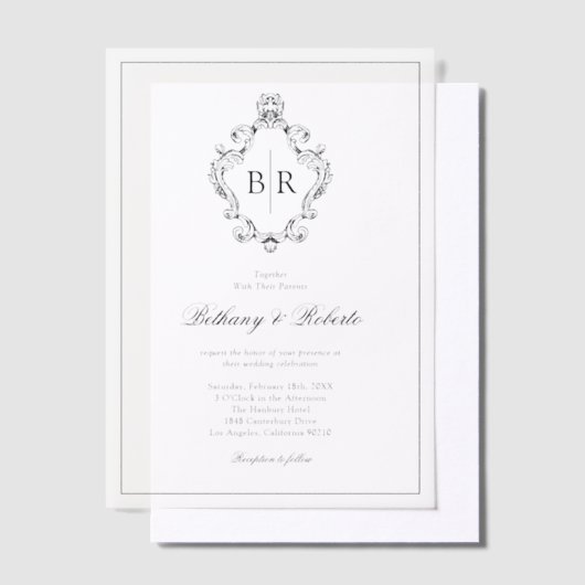Rococo Monogram Huwelijk Vellum Uitnodigingen (Offset)