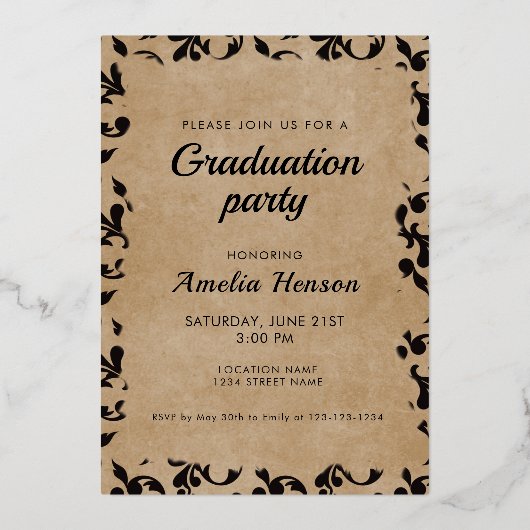 Rococo Old Paper Afstuderen Afstuderen voor fotoco Folie Uitnodiging (Achterkant)
