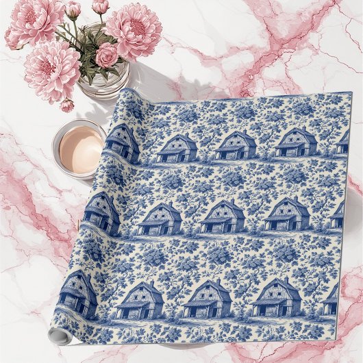 Rococo Ornate French Toile Floral Blue Rustic Barn Cadeaupapier