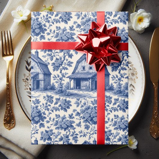 Rococo Ornate French Toile Floral Blue Rustic Barn Cadeaupapier