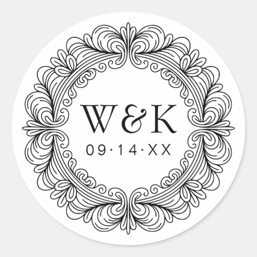 Rococo Paar Initialen bruiloft of Save the Date Ronde Sticker (Voorkant)