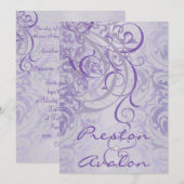 Rococo Paars Scroll Damask Uitnodiging (Voorkant / Achterkant)