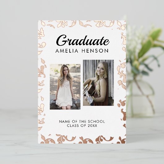 Rococo Pattern Afstuderen 2 Photo Collage Afstuder Folie Uitnodiging (Staand Voorkant)