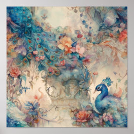  rococo periode bloemen en pauw poster