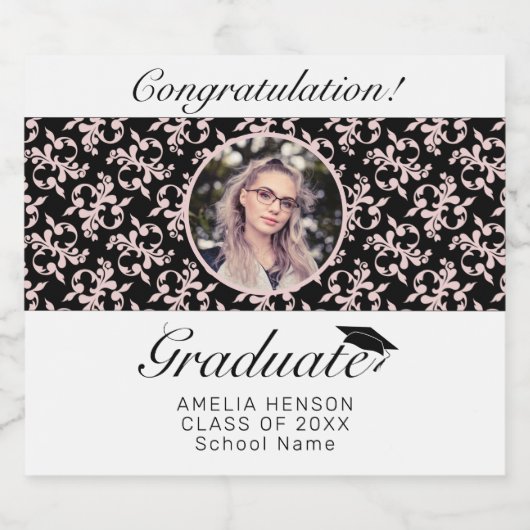 Rococo Pink Black Afstuderen Foto Afstuderen Sparkling Wijnetiket (Enkel label)