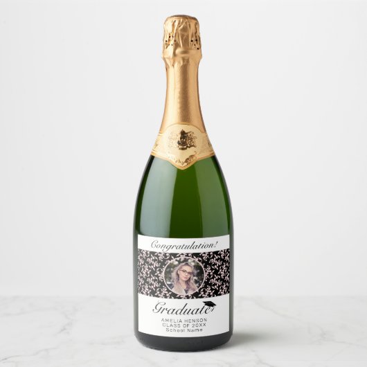 Rococo Pink Black Afstuderen Foto Afstuderen Sparkling Wijnetiket (Voorkant)