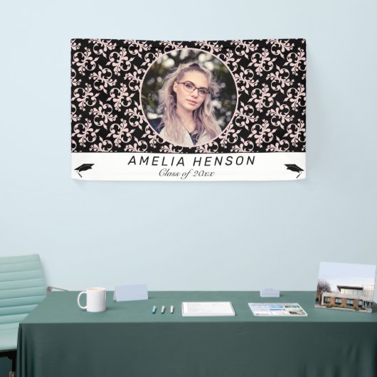 Rococo Pink Black Fotonaam klasse Afstuderen Spandoek (Beurs)