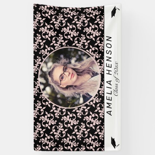 Rococo Pink Black Fotonaam klasse Afstuderen Spandoek (Verticaal)