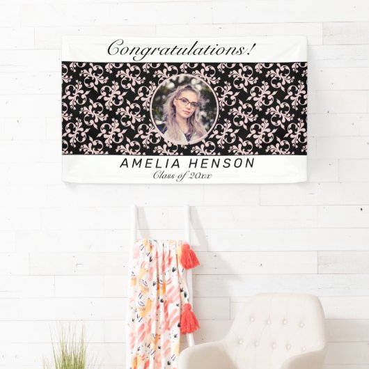 Rococo Pink Black Fotonaam klasse Afstuderen Spandoek (Insitu)