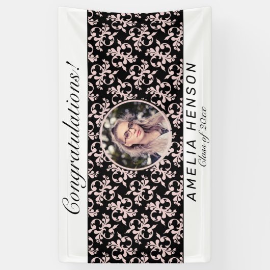 Rococo Pink Black Fotonaam klasse Afstuderen Spandoek (Verticaal)