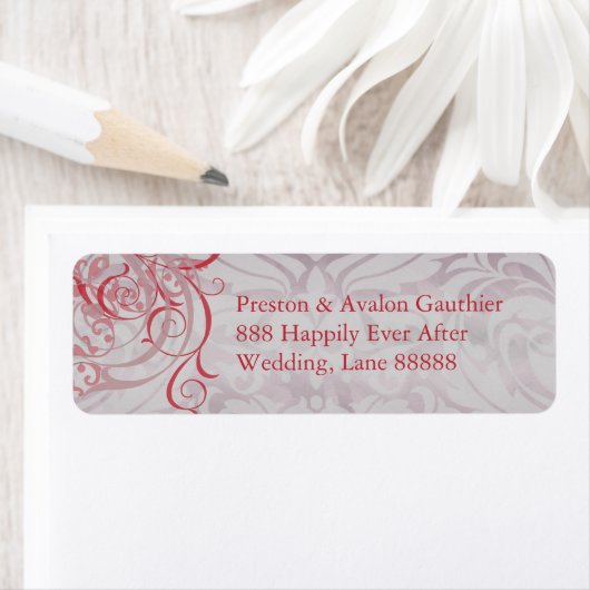 Rococo Red Scroll Damask-adreslabel Etiket (Insitu)