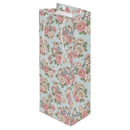 Rococo Revival Cherub Floral Toile Wrapping Paper Wijn Cadeautas (Achterkant Gekanteld)