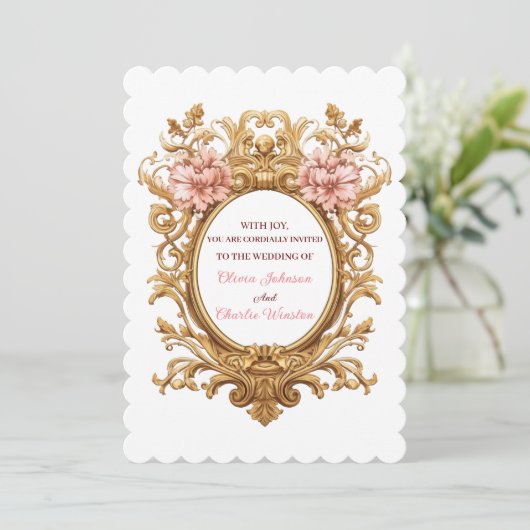 Rococo Royal Wedding Blush Florals Golden Scrolls Kaart (Staand voorkant)