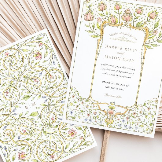 Rococo Roze Bud Floral Nouveau Huwelijk Kaart