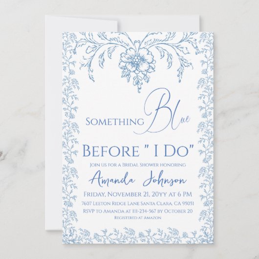 Rococo Toile de Jouy Blauwe Bloemige Bruidsfeest Kaart (Voorkant)