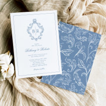 Rococo Vintage Monogram Blauwe Trouwkaart