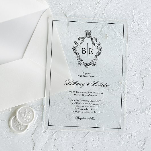Rococo Vintage Monogram Huwelijk Acryl Uitnodigingen