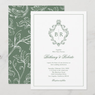 Rococo Vintage Monogram Saliegroene Trouw Kaart