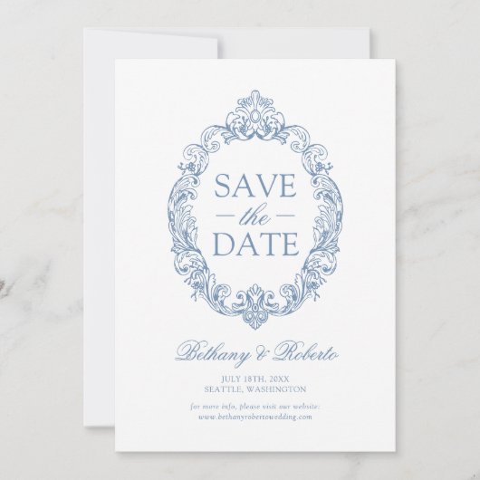 Rococo Vintage Stofblauw Save The Date (Voorkant)