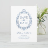 Rococo Vintage Stofblauw Save The Date (Staand voorkant)