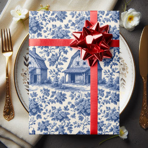 Rococo Weelderige Franse Toile Bloemige Blauwe Rus Cadeaupapier