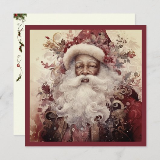 Rococo Zwart Santa Wit Baard Bloemenaccent Feestdagenkaart (Voorkant / Achterkant)