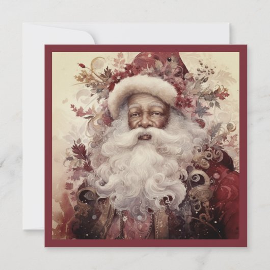 Rococo Zwart Santa Wit Baard Bloemenaccent Feestdagenkaart (Voorkant)