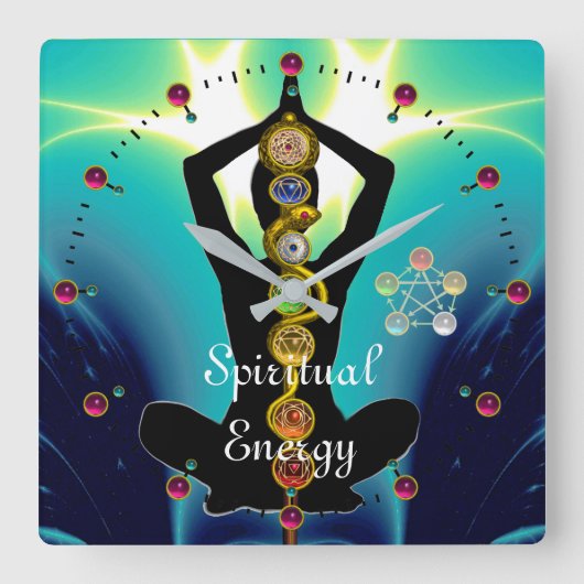 ROD OF ASCLEPIUS 7 CHAKRAS,YOGA LOTUS POSE Blue Vierkante Klok (Voorkant)