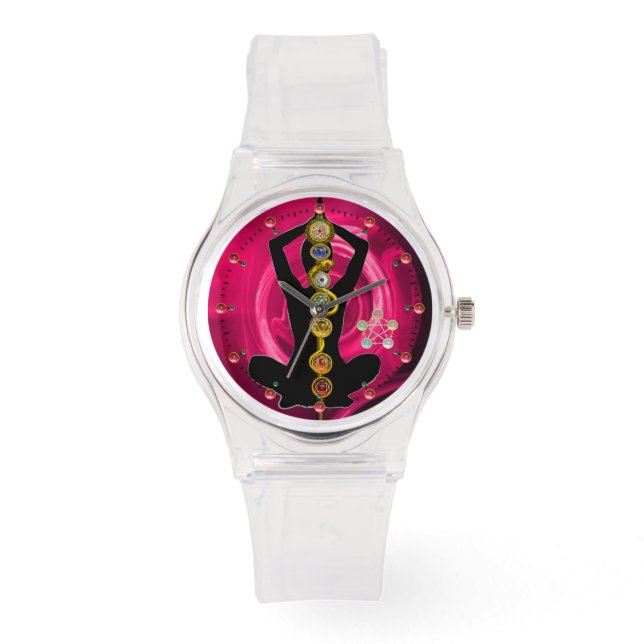 ROD VAN ASCLEPIUS 7 CHAKRAS, YOGA LOTUS POSE Pink Horloge (Voorkant)