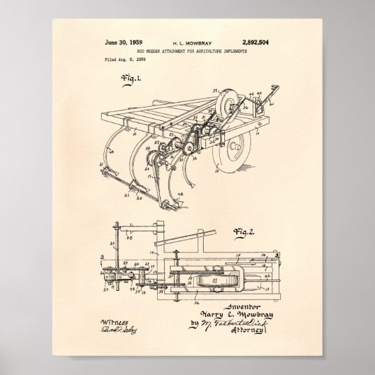Rod Weeder Attachment 1959 Patent Art Old Peper Poster (Voorkant)